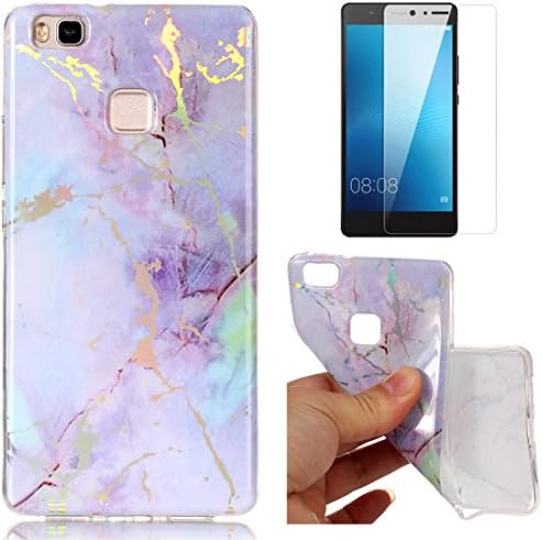 For Huawei P9 Lite Marble Case Purple,OYIME Glitter Plating Pattern Design Glossy Clear Silicone Slim Thin Soft Protective Back Cover Drop Protection Transparent Bumper and Screen Protector