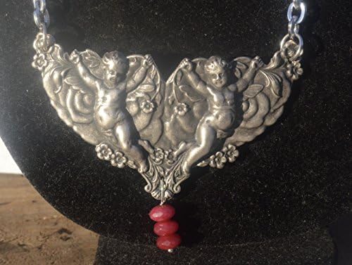 Cherub Angel Cupid Reproduction Steampunk Ruby Beads Pendant Beaded One of a Kind Necklace Silver Handmade