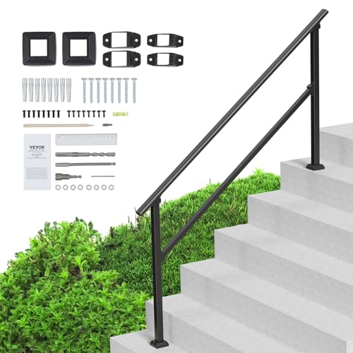 VEVOR Handrails for Outdoor Steps, 5 Steps Stair Hand Rail Kit, Transitional Carbon Steel Railings with Installation Kit, Stair Rails for Seniors, Concrete Steps & Porch & Deck, Black Square Tube