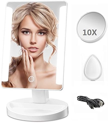 LED Lighted Makeup Mirror - Leadpo Dimmable Vanity Mirror with Detachable 10X Magnification Spot Mirror, Smart Touch Screen Travel Cosmetic Mirror with Natural Bright Light, USB and Battery Operated