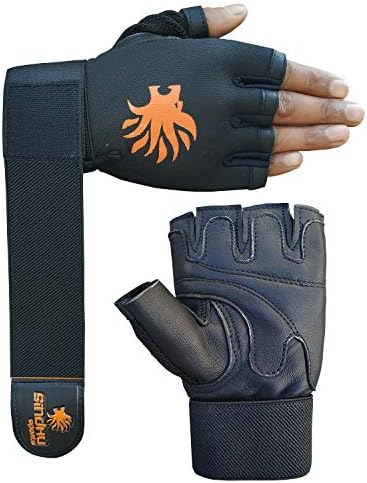 Sindhu Sports Fitness Gym Workout Leather Gloves with 50 cm Elastic Wrist Support Foam Padding on Palm to Protect Heavy Weight Lifting, Front Design for Proper Grip