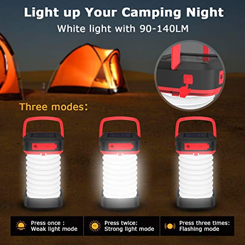 Quntis Rechargeable LED Camping Lantern - Outdoor Solar Powered Camping Flashlight - Mini Torch Hanging Light USB Charging for Hiking Tent Garden Patio Emergencies - Collapsible and Waterproof - Red - Thumbnail 3