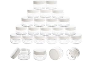 ZEJIA 5 Gram Sample Containers with Lids, Mini Makeup Containers, Empty Plastic Travel Cosmetic Containers with Labels(25 Count, White Lid)