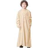 IWEMEK Kids Arabic Abaya Thobe for Boys Muslim Prayer Dress Arab Islamic Kaftan Robe Pockets Buttons Dubai Solid Color Thobe