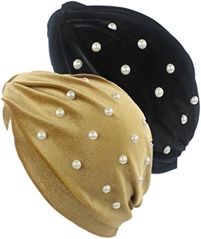 Firsthats Women's 2 Pack Velvet Turban Hat Head Cover Sun Cap With Pearls