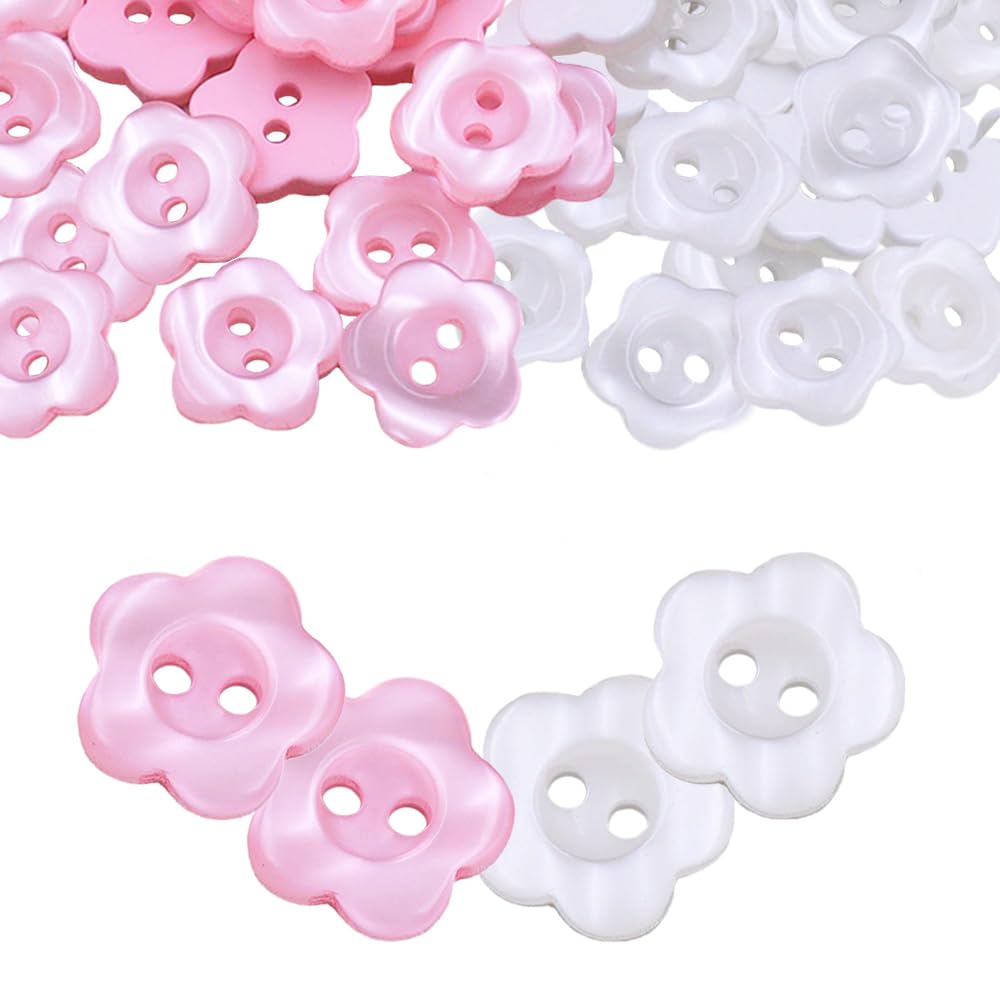 TRKETK 100 Pcs 2 Hole Flower Resin Button, Buttons for Baby Cardigans Pearlescent Sewing Button Baby Resin Button 12.5 mm Flower Button for Handmade Sewing Knitting Dolls Crafting Decor (White + Pink)