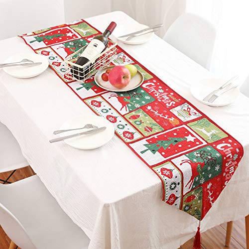 WizPower Christmas Table Runner, Cotton & Burlap Table Runner, Christmas Tree Elk Table Cloth for Christmas Table Decoration, Family Dinners or Gatherings, Indoor or Outdoor Parties