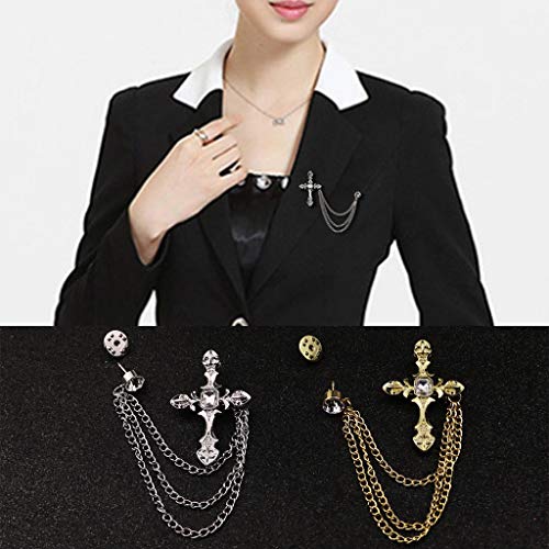 Kofun Brooch Pin, Men's Rhinestone Cross Chain Brooch Lapel Pin Shirt Suit Wedding Accessory Gift Gold