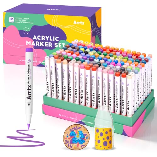 Arrtx 150 Pieces Paint Markers, Acrylic Paint Pens for Artists, Adults, Coloring, Drawing, Cartoon, Anime, Manga, Brush Tip for Rock Painting, Wood, Canvas