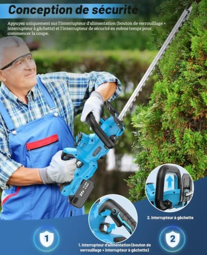 Taille Haie Batterie, Taille Haie Electrique avec Batterie 4.0Ah, 180°Réglable, 51 cm Longueur de Coupe, 16 mm Écartement des Dents, Couvercle Lame pour Haies, Branches, Arbustes, Rameaux