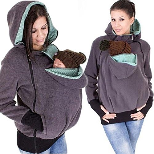 Ailisen Plus Size Multi-Function Mother Kangaroo Mom and Baby Hoodie Front Back Pockets Carrier Fleece Jackets