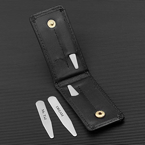 Personalized Master Free Engraving Custom Engraved Stainless Steel Collar Stays Travel Set for Men Dress Shirt Stiffeners in Genuine Leather Case Holder Wallet, 2.2" 2.5" 2.75" 3"