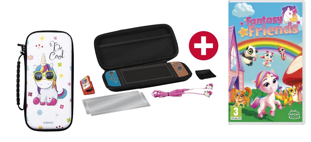 Konix Unik Game Set for Nintendo Switch - Fantasy Friends - Case - Game Box - Tempered Glass - Headphones - Cleaning Cloth, N/A, Starter Kit + Fantasy Friends