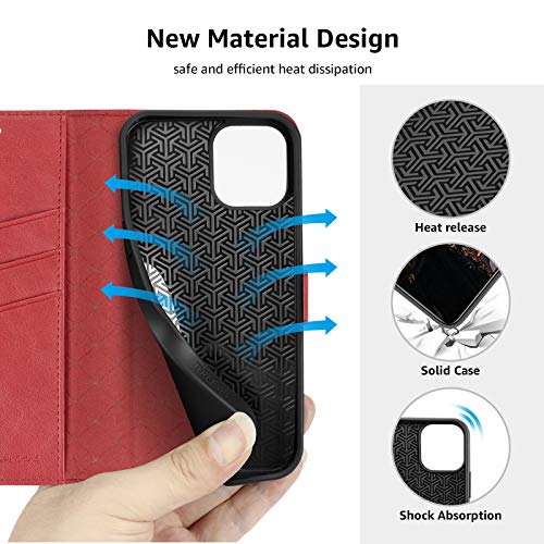 iPhone Wallet Case for iPhone 12/ iPhone 12 Pro Case Cover, [2 Pieces Glass Screen Protector Included], PU Leather Flip Cover with Card Slot Magnetic, Stand Case for iPhone 12 (6.1 Inch), Red