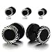 COOLSTEELANDBEYOND 10MM Illusion Tunnel Plug Black Stainless Steel Mens Earrings Screw Back with Laser Patterns, 2 Pcs