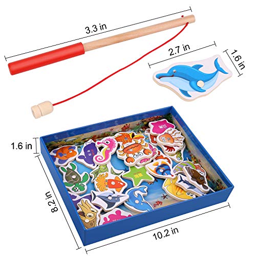 Magnetic Wooden Fishing Toy Set - Fishing Game Lets Go Fishing Toy Game 32Piece Fishes Basic Educational Development Wooden Magnetic Bath Fishing Travel Table Toy Halloween Christmas Birthday Gift for