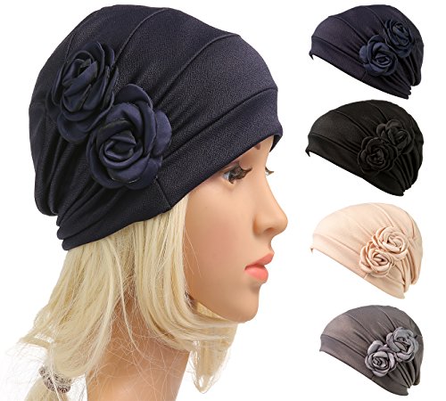 DancMolly Chemo Turban Cancer Ruffle Headband Beanie Cap Muslim Scarf Ethnic Cloth (Beige+Navy Blue) - Thumbnail 5