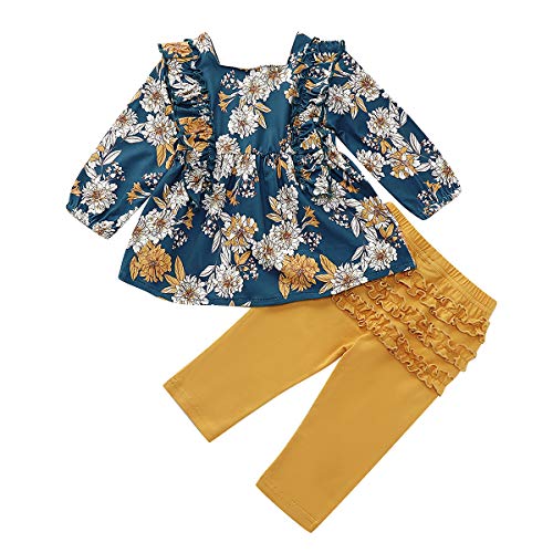 Kids Little Toddler Baby Girls Fall Outfit Ruffled Long Sleeve Floral Dress Shirt Tops + Lace Pants Winter Clothes Set Blue