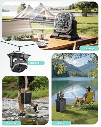 Allsion Rechargeable Misting Fan, 24000mAh Camping Misting Fan with 8L Water Bucket, 3-Speed Outdoor Cooling Fan with LED Lights, 120°Oscillation for Camping, Backyard, Patio,Outdoor-Black