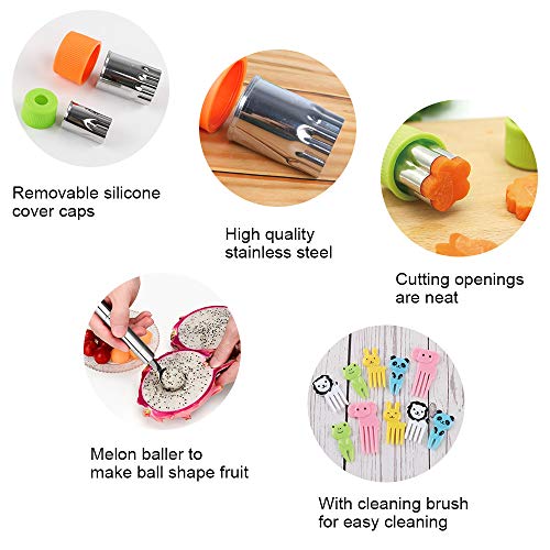 BAKHUK 12pcs Vegetable Shapes Cutters, Fruit Cookie Cutters, Melon Baller Scoop and Carving Knife and 10 Kids Fruit Picks Forks, for Cookies and Kids Crafts, Kitchen Food Decoration