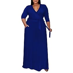 Runwind Plus Size Maxi Dress Sexy 3/4 Sleeve V Neck