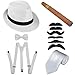 1920s Mens Accessories Hard Felt Panama Hat, Y-Back Suspenders & Pre Tied Bow Tie, Tie,Toy Cigar & Fake Mustache (OneSize, 1White)