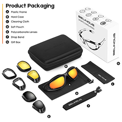 BELINOUS Safety Glasses, Polarized Motorcycle Riding Glasses Goggles Sunglasses Accessory for Men Women, 4 in 1 Copper Smoke Clear Yellow Lenses, Black Frame, Cycling Driving Hunting Fishing Shooting