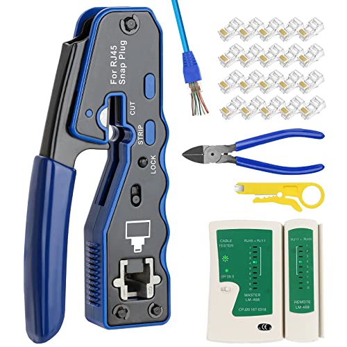 RJ45 Crimp Tool Kit Pass Thru Crimper for Cat5e Cat6 Cat6a 8P8C Modular Connectors, AllinOne