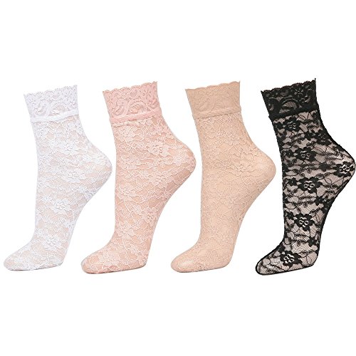 Women's Lace Ankle Socks (One Size : Regular, Floral - Asst 4pair)