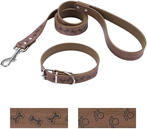 Bark Lover Pet Luxury Simulation Leather Collar and Leash Set Printed Design Adjustable Soft Touch and Sturdy for Medium Large Dogs. (M, Brown,Bones Prints)