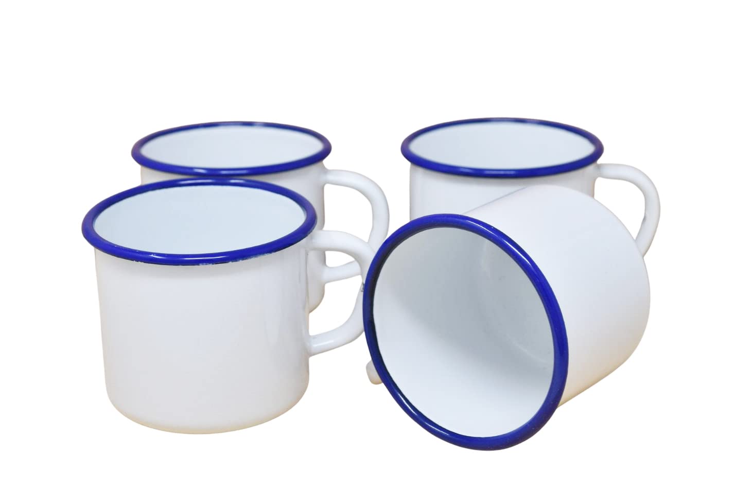 Madacha 4 x Metal Enamel Mugs 250 ml White with Blue Trim
