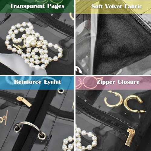 Travel Jewelry Organizer Case, Jewelry Bags with Clear Zipper & Velvet Pouch, Jewelry Storage Binder for Earrings, Rings, Necklaces, Bracelets – Portable and Compact for Travel & Everyday Use (Black)