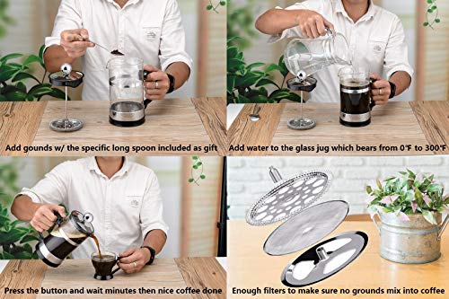 SmartHom French Press Coffee Maker 34 Oz 8 Cups, Particular Coffee Press & Tea Maker with Triple Filters and Durable Heat Resistant Glass (Silver)