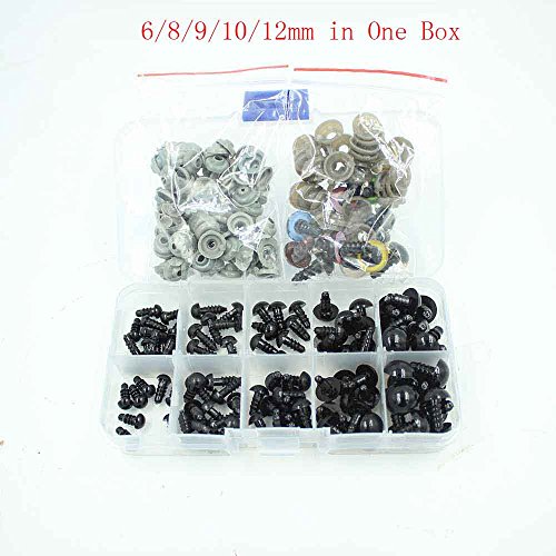 UPC 718460089991, 100pcs 6-12mm Black Plastic Safety Eyes for Bear, Doll, Puppet, Plush Animal and Craft One Box with 7 Pairs 12mm Mixed Colors Eyes