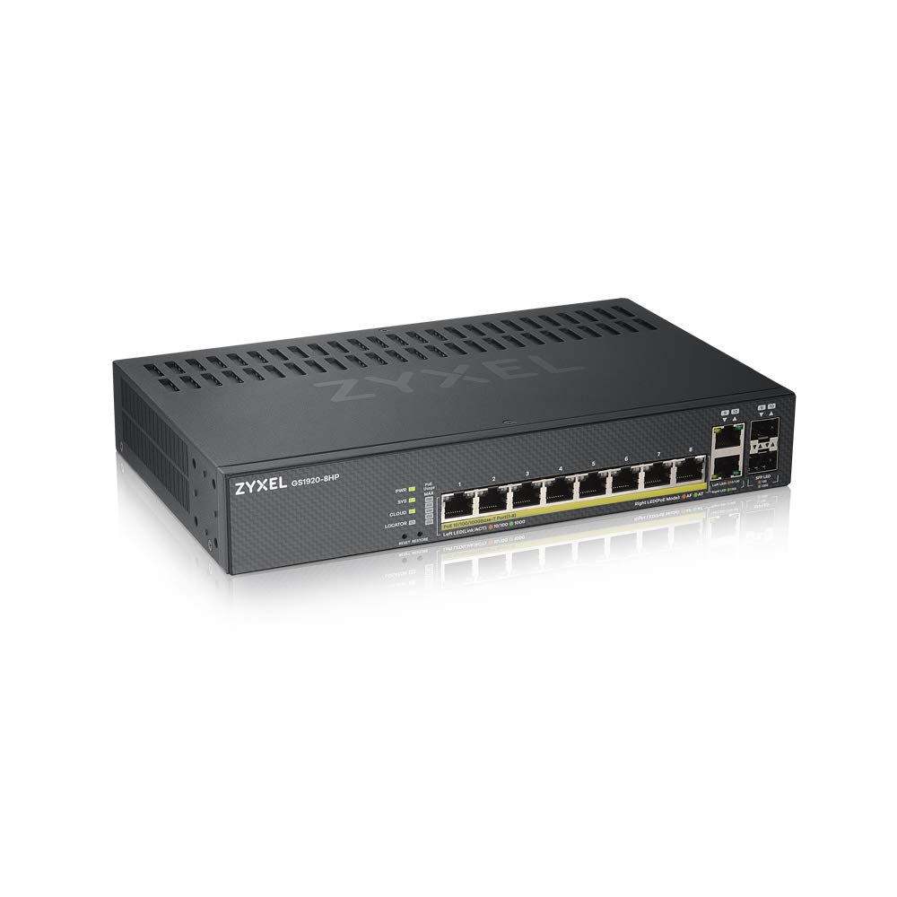 Zyxel 8 Port PoE Switch | Smart Managed | Gigabit Network Ethernet Switch | 8x GbE PoE+ with 130W Budget + 2x SFP GbE Combo | Desktop or Wall Mount | Fanless | Hybrid Mode Nebula Cloud | GS1920-8HPv2