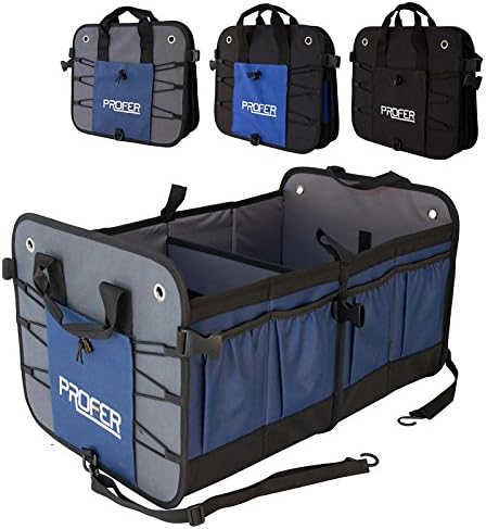Trunk Organizer, Profer Heavy-Duty Trunk Organizer For Car, SUV, Truck, Sturdy Quality and Collapsible Storage Box With 4 Compartments, 2 Non-Slip Bottom Straps, 2 Handles, 10 Side Pockets - Navy Blue