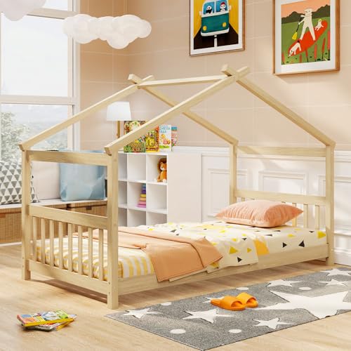 GORELAX Twin Bed Frame, Low Floor Kid House Bed with Roof, Montessori Floor Bed, Headboard & Footboard, No Box Spring Needed, Wood Twin Size Platform Bed Frame for Boys, Girls (Natural, Twin)
