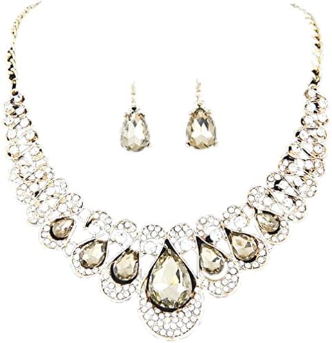 Crystal Bridal Statement Jewelry Sets for Women Girls Mingfa Fashion Rhinestone Choker Necklace Earrings Wedding Gift (Khaki)