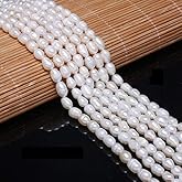 Pearl Beads, Natural Oval Freshwater Cultured White Pearl Loose Beads Quality Rank A for Jewelry Making Charms Necklace as Gift 5-6mm 14.2 inches (2 Strands)