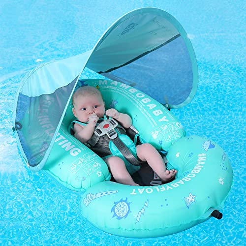 Mambobaby Baby Float Self-Inflating Baby Pool Float, AnjeeIOT Compressible Pool Swim Float Infant Soft Solid Swimming Trainer, Baby Float with Removable UPF 50+ UV Sun Protection Canopy
