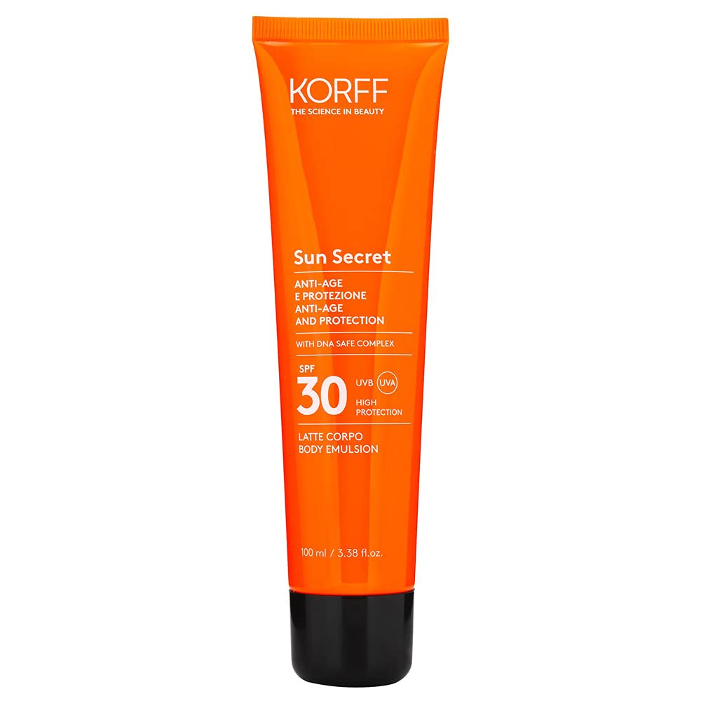 Korff Sun Secret Body Milk Sun Protection and Anti-Ageing SPF 30, High UVB and Grape Protection, Liquid Texture, Waterproof, Multi-Colour, 100 ml