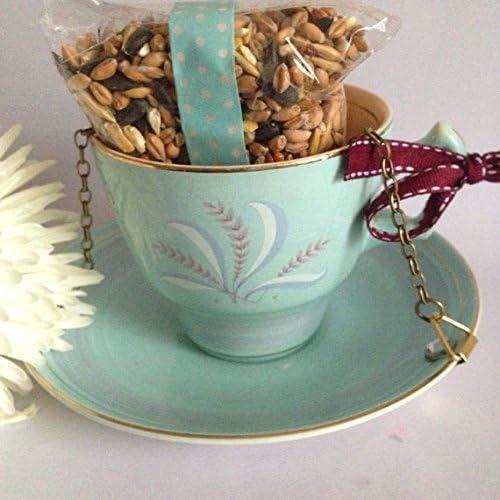 Duck egg blue and lilac China Vintage Tea Cup Bird Feeder- with portion of wild bird seed