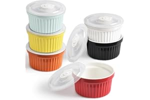 homEdge Porcelain Ramekins Set with Lid, 240 ml / 8 Fl Ounces Ice Cream Bowl, Creme Brûlée Ramekins Soufflé Cup for Baking, S