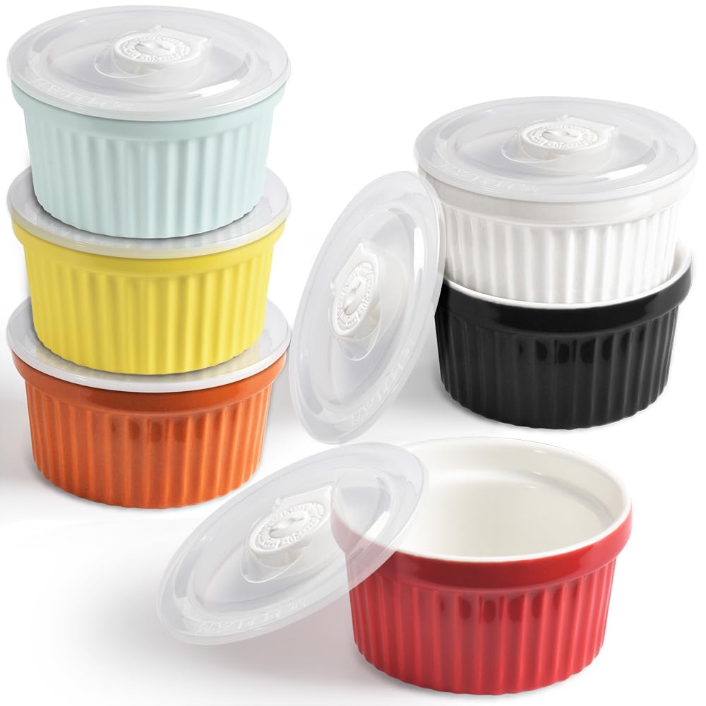 homEdge Porcelain Ramekins Set with Lid, 240 ml / 8 Fl Ounces Ice Cream Bowl, Creme Brûlée Ramekins Soufflé Cup for Baking, Set of 6 Assorted Color