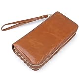 Jack&Chris Women's Large Capacity Leather Wallet Clutch with Wristlet Strap, WBXH050 (Brown)