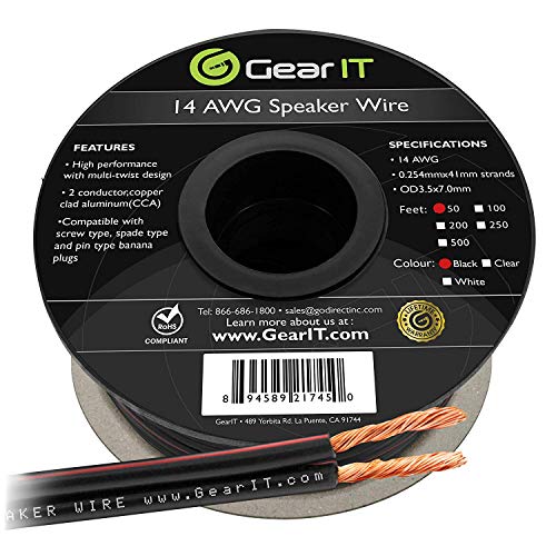14AWG Speaker Wire, GearIT Pro Series 14 AWG Gauge Speaker Wire Cable (50 Feet / 15.24 Meters) Great Use for Home Theater Speakers and Car Speakers Black