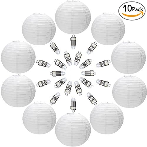 White Round Paper Lanterns 10 Pack 12 Inch with 20 Pack White LED Party Lights - Chinese / Japanese Decorative Paper Lanterns for Wedding, Birthday Party, Baby Shower, Halloween Home Decor