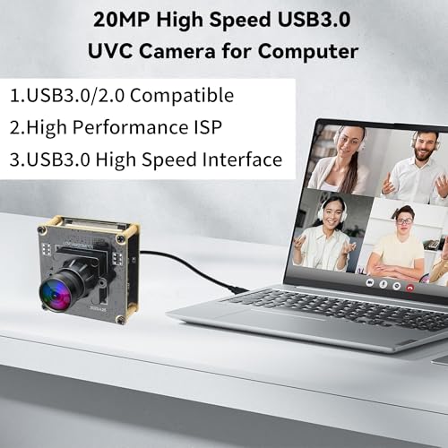 ELP 20MP USB-Kamera 4K 30fps USB 3.0 Typ-C Webcam, 3840P hochauflösende Kamera mit 95° Weitwinkelobjektiv Ohne Verzerrung, Plug & Play für Windows, Linux, PC,Jetson Nano,Industrielle Bildverarbeitung