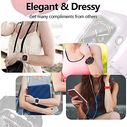 Henpone Smart Watch Bands with Case for Women Girl i-Watch Protect Band Compatible with Apple Watch Diamond Rhinestone Silicone Wristband Strap Series 5 4 3 2 1