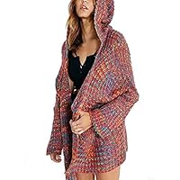 JOFOW Womens New Cardigans,Autumn Casual Oversize Hooded Colorful Bat Sleeve Mix Knitted Loose Pocket Long Sleeve Sweaters (XL,Red)